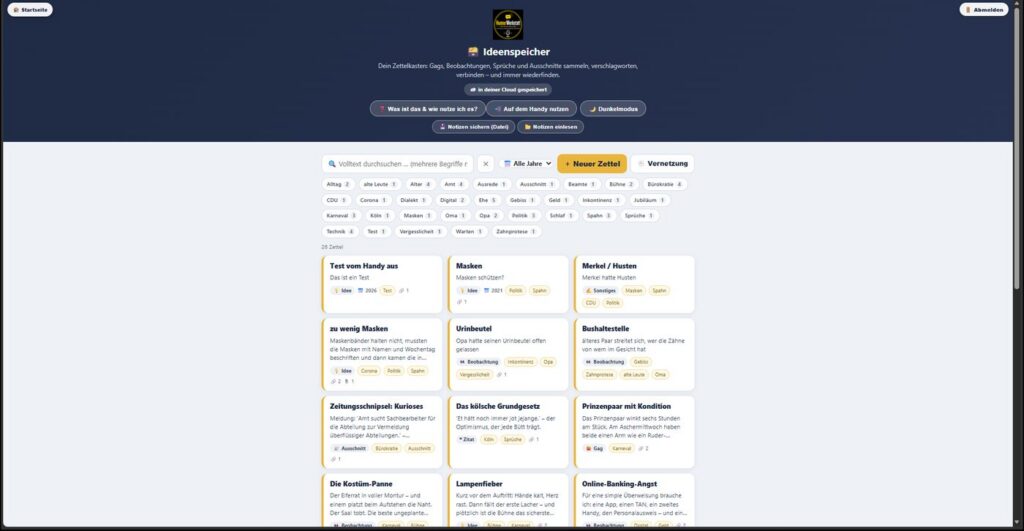 Der Ideenspeicher im Browser: oben eine Leiste mit Schlagwörtern wie Alltag, Amt, Karneval und Bürokratie, darunter Karten mit einzelnen Einfällen.